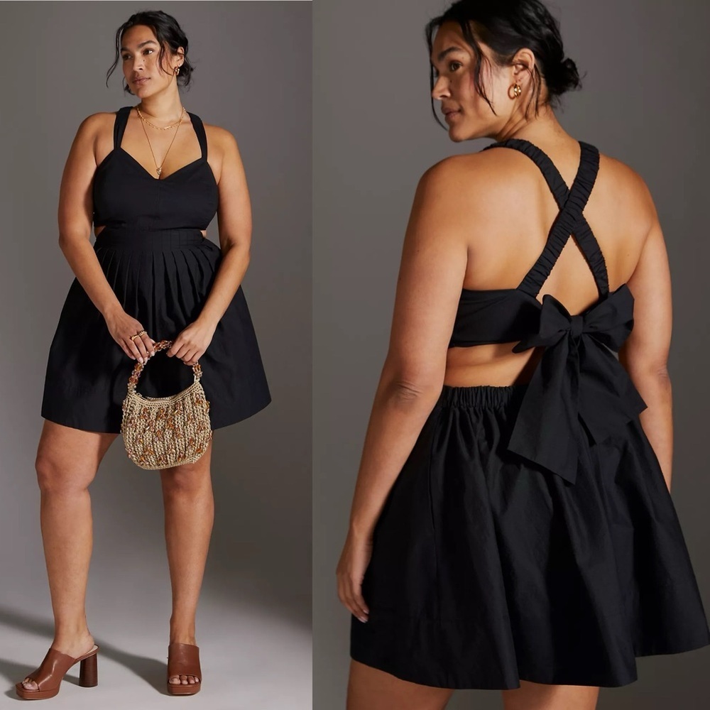 NWT Anthropologie Plus Maeve Babydoll Bow Mini Dress in Black Size 22 Plus Size.